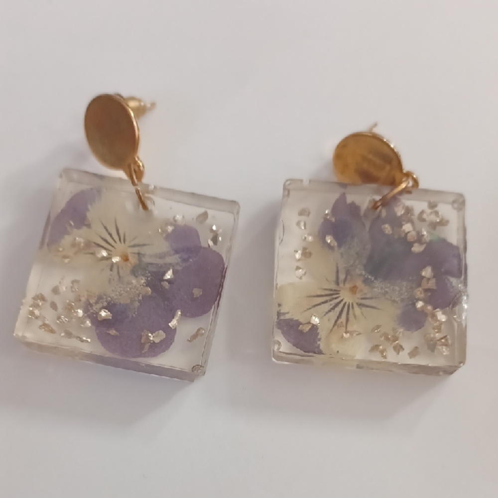 4/$80 Purple & Yellow Floral Resin Earrings
